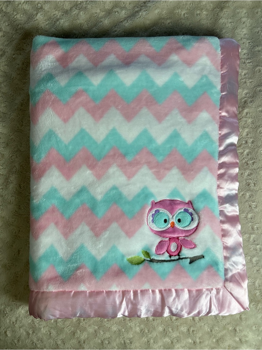 Baby Essentials Pink Owl Blanket Blue White Chevron Stripes Zig Zag
